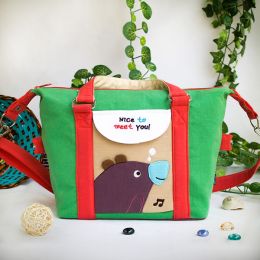 [Purple Bear - Green] Embroidered Applique Duffle Tote Bag / Shoulder Bag / Travel Bag (9.6*9.3*4.1)