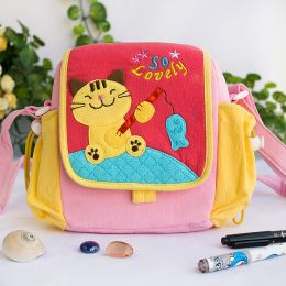 [Kitty Loves Fish] Embroidered Applique Kids Kitty Shoulder Bag / Swingpack / Travel Bag (7.3*7*2.4)